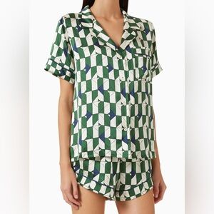 Eberjey Inez Washable Silk Printed Short PJ Set Green/White/Blue Geo-Print